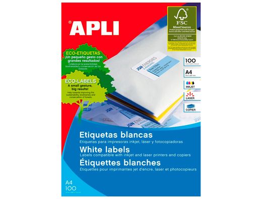Etiquetas Apli 210 x 148 mm. blanco cantos rectos (100 hojas)