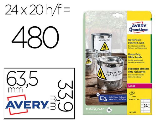 Etiquetas Avery poliéster 63,5 x 33,9 mm. blanco (20 hojas)
