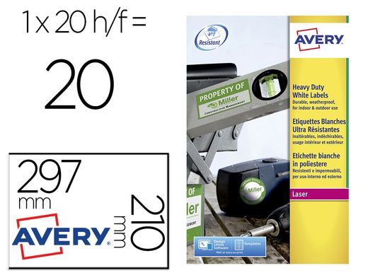 Etiquetas Avery poliéster blanco 210 x 297 mm. (20 hojas)