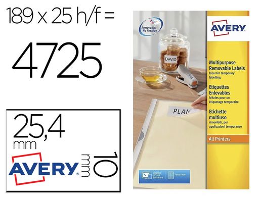 Etiquetas Avery removible 25,4 x 10 mm. (25 hojas)