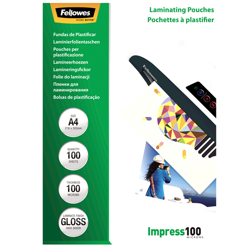 FELLOWES Pack 100 Fundas Plastificar 100 micras Brillo A4 5351111