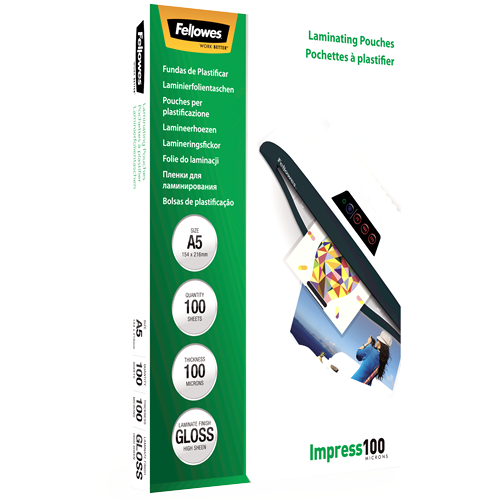 FELLOWES Pack 100 Fundas Plastificar 100 micras Brillo A5 5351002