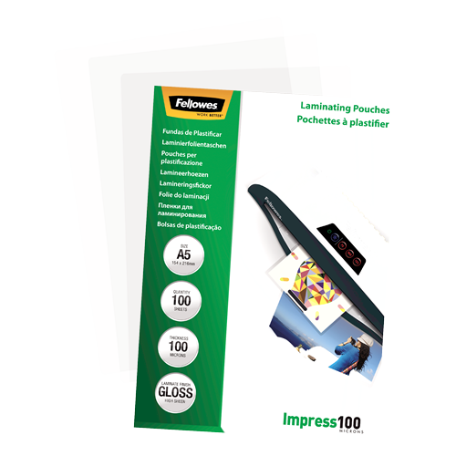 FELLOWES Pack 100 Fundas Plastificar 100 micras Brillo A5 5351002