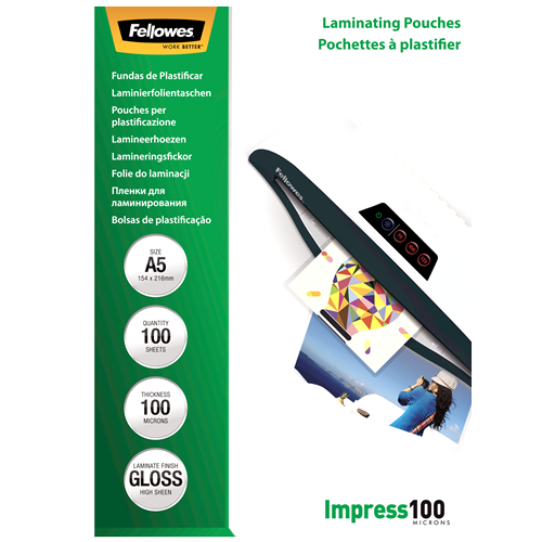 FELLOWES Pack 100 Fundas Plastificar 100 micras Brillo A5 5351002