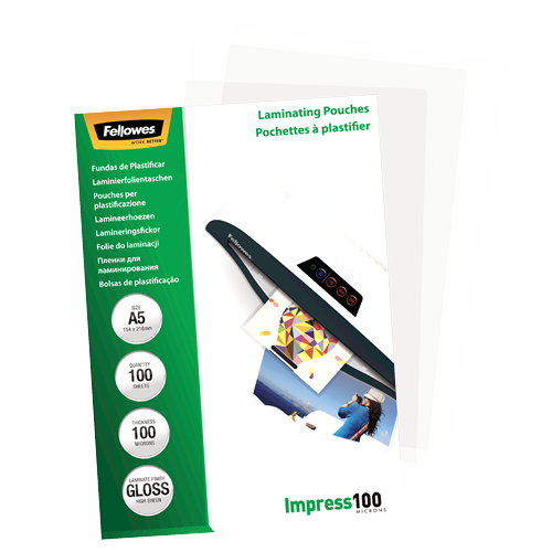 FELLOWES Pack 100 Fundas Plastificar 100 micras Brillo A5 5351002
