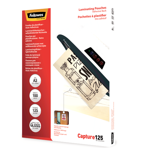 FELLOWES Pack 100 Fundas Plastificar 125 micras Adhesivas A3 5329001