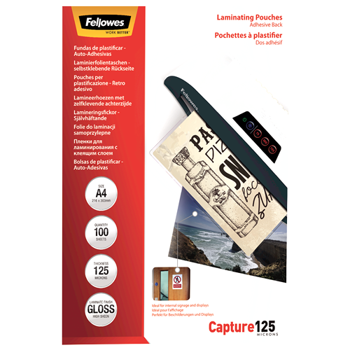 FELLOWES Pack 100 Fundas Plastificar 125 micras Adhesivas A4 5328901