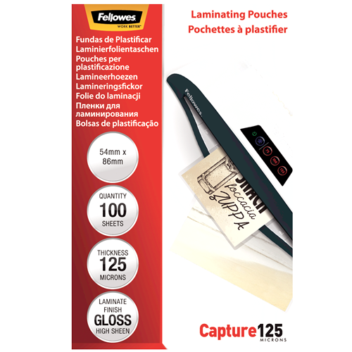FELLOWES Pack 100 Fundas Plastificar 125 micras Brillo 54x86mm 5306302