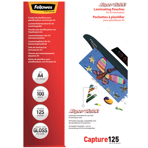 FELLOWES Pack 100 Fundas Plastificar 125 micras Brillo A4 Alta Velocidad 5440101