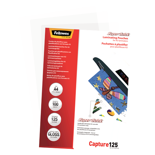 FELLOWES Pack 100 Fundas Plastificar 125 micras Brillo A4 Alta Velocidad 5440101