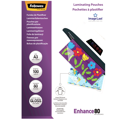 FELLOWES Pack 100 Fundas Plastificar 80 micras Brillo A3 5306207