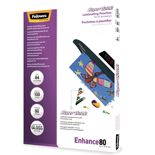 FELLOWES Pack 100 Fundas Plastificar 80 micras Brillo A4 Alta Velocidad 5440001