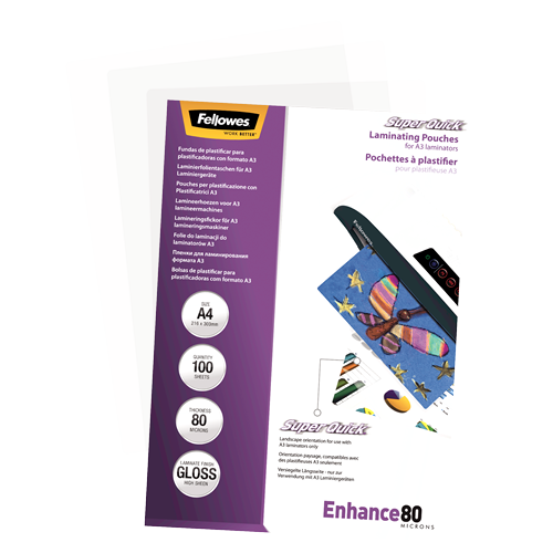FELLOWES Pack 100 Fundas Plastificar 80 micras Brillo A4 Alta Velocidad 5440001