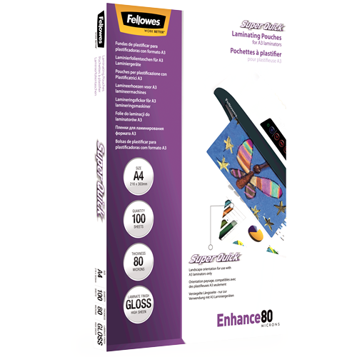 FELLOWES Pack 100 Fundas Plastificar 80 micras Brillo A4 Alta Velocidad 5440001