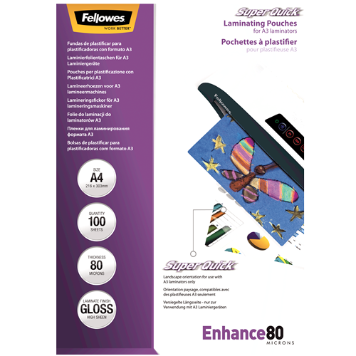 FELLOWES Pack 100 Fundas Plastificar 80 micras Brillo A4 Alta Velocidad 5440001