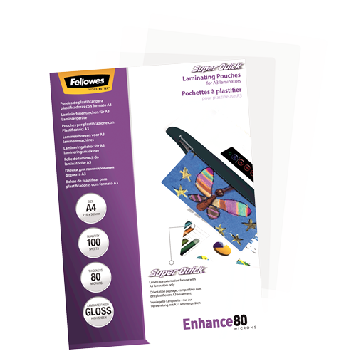 FELLOWES Pack 100 Fundas Plastificar 80 micras Brillo A4 Alta Velocidad 5440001