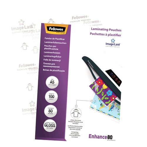 FELLOWES Pack 100 Fundas Plastificar 80 micras Brillo A5 5306002