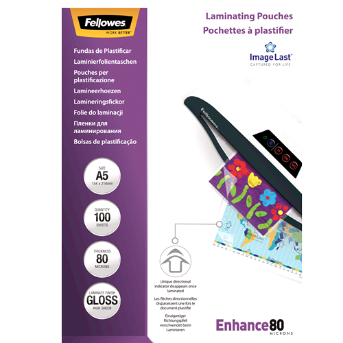 FELLOWES Pack 100 Fundas Plastificar 80 micras Brillo A5 5306002