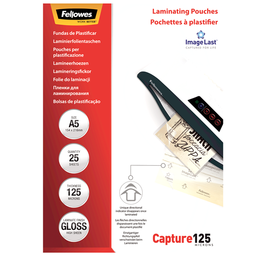 FELLOWES Pack 25 Fundas Plastificar 125 micras Brillo A5 5396101