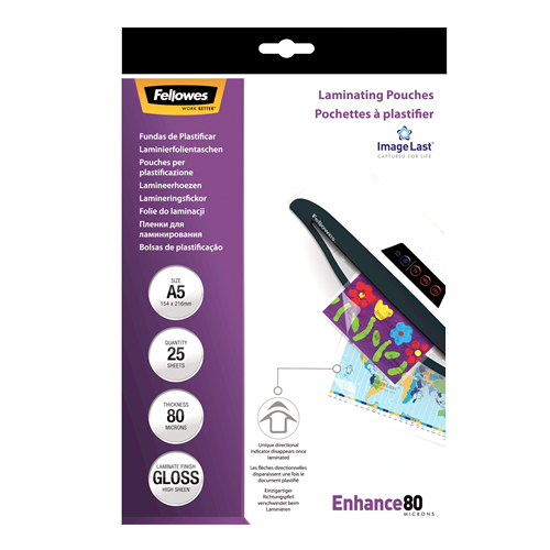 FELLOWES Pack 25 Fundas Plastificar 80 micras Brillo A5 5396003