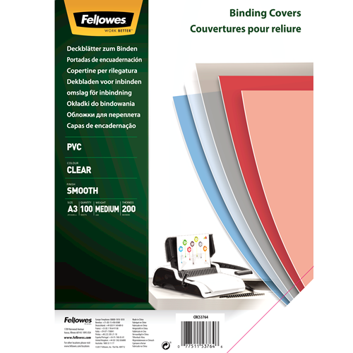 FELLOWES Pack de 100 portadas PVC transparente cristal A3 200 micras 53764