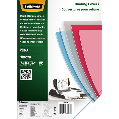FELLOWES Pack de 100 portadas s PET transparente cristal A4 150 micras 5384501