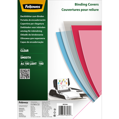 FELLOWES Pack de 100 portadas s PET transparente cristal A4 180 micras 5384601