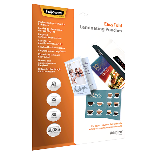 FELLOWES Pack de 25 Fundas de Plastificar Adhesivas EasyFold 80 micras A3 5602001
