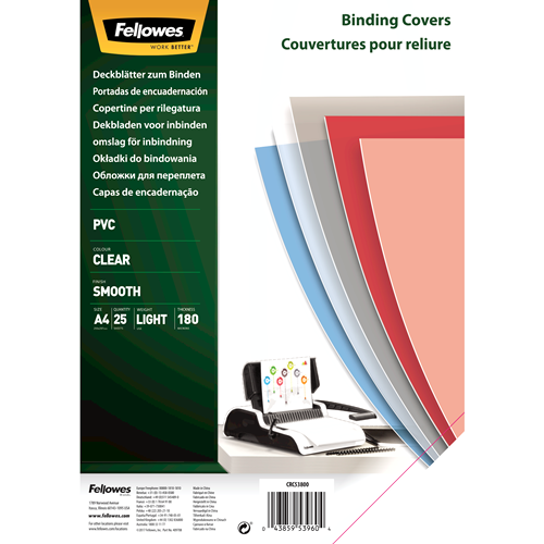 FELLOWES Pack de 25 portadas PVC transparente cristal A4 180 micras 5380001