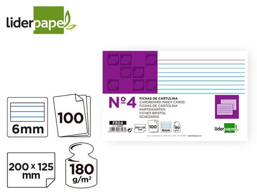 Ficha Liderpapel Rayada Nº4 125X200Mm Paquete de 100 180G