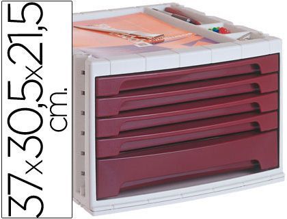 Fichero Cajones de Sobremesa Q-Connect 37X30,5X21,5 cm Bandeja Organizadora Superior 5 Cajones Burdeos Opaco