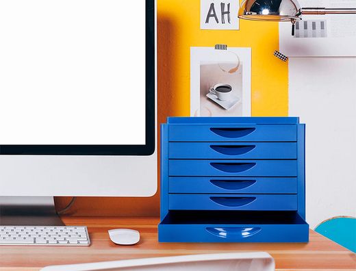Fichero cajones de sobremesa q-connect bandeja organizadora superior 6 cajones color azul opaco