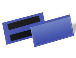 Funda durable magnetica 100x38 mm plastico azul ventana transparente pack de 50 unidades