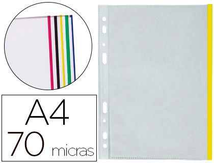 Funda multitaladro q-connect din a4 70 mc pp cristal con borde amarillo bolsa de 10 uds