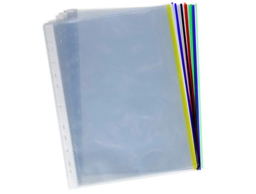 Funda multitaladro q-connect din a4 70 mc pp cristal con borde amarillo bolsa de 10 uds