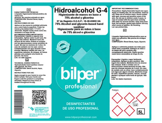 Gel hidroalcoholico higienizante de manos con alcohol y glicerina. ph neutro, garrafa de 5 litros