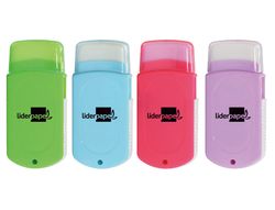 Goma liderpapel rectangular con protector plastico sacapuntas 2 usos y cepillo colores surtidos
