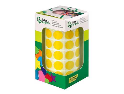 Gomets liderpapel autoadhesivo circulos 15 mm amarillo rollo de 2500 unidades en caja de carton
