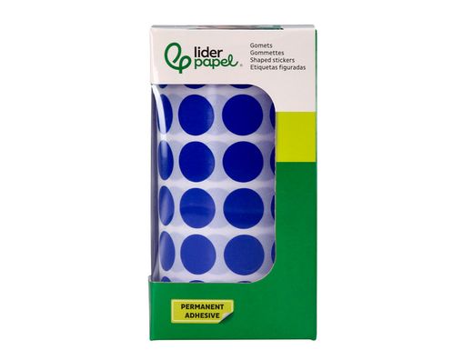 Gomets liderpapel autoadhesivo circulos 15 mm azul rollo de 2500 unidades en caja de carton