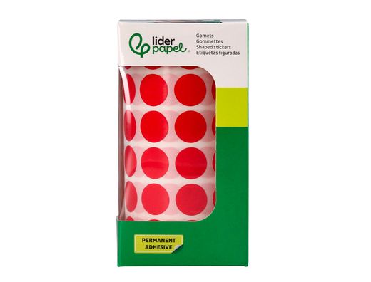 Gomets liderpapel autoadhesivo circulos 15 mm rojo rollo de 2500 unidades en caja de carton
