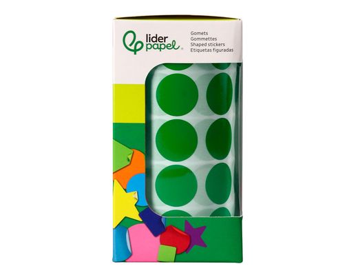 Gomets liderpapel autoadhesivo circulos 20 mm verde rollo de 2000 unidades en caja de carton