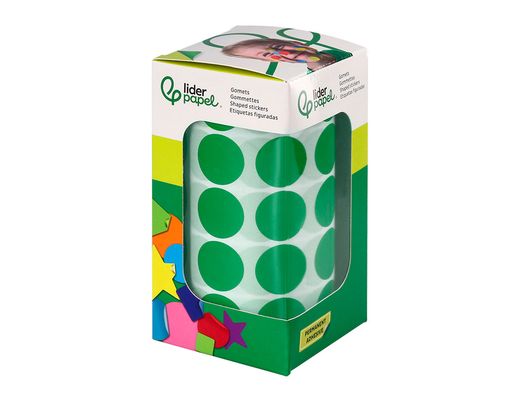 Gomets liderpapel autoadhesivo circulos 20 mm verde rollo de 2000 unidades en caja de carton