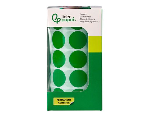 Gomets liderpapel autoadhesivo circulos 20 mm verde rollo de 2000 unidades en caja de carton