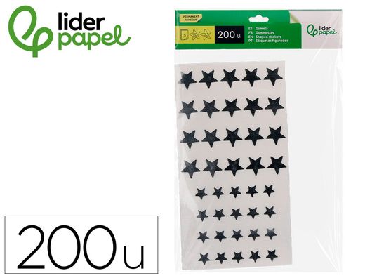 Gomets liderpapel autoadhesivo estrellas plateadas surtidas bolsa de 5 hojas con 200 unidades