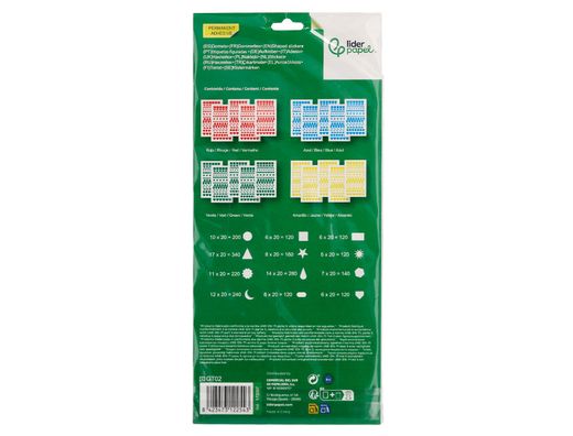 Gomets liderpapel figuras surtidas bolsa de 20 hojas circulos triangulos estrellas cuadrados colores surtidos