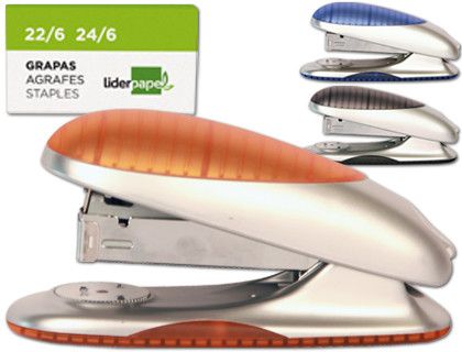 Grapadora Liderpapel Beetle con Regalo de Extraegrapas y Caja de 1000 Grapas 24/6,22/6 Capacidad 20H. Colores Surtidos