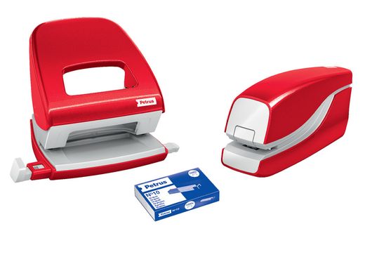 Grapadora petrus electrica e-310 contactless rojo metalizado capacidad 12 hojas usa grapas nº 10