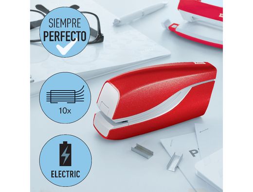 Grapadora petrus electrica e-310 contactless rojo metalizado capacidad 12 hojas usa grapas nº 10