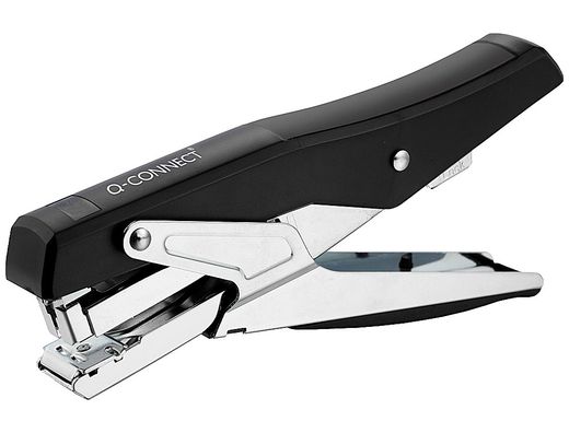 Grapadora q-connect metalizada y negra de tenaza tacto suave capacidad 25 hojas usa grapas 24/6 y 26/6