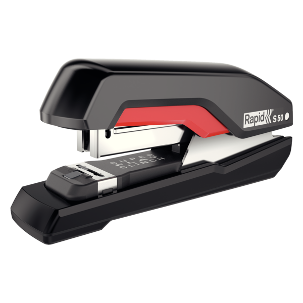 Grapadora rapid supreme s50 plastico capacidad de grapado 50 hojas usa grapas 24/6-8+ y 26/6-8+ color negro/rojo